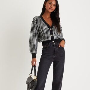 Lulu's Black and White Cardigan with Bold Geometric Pattern